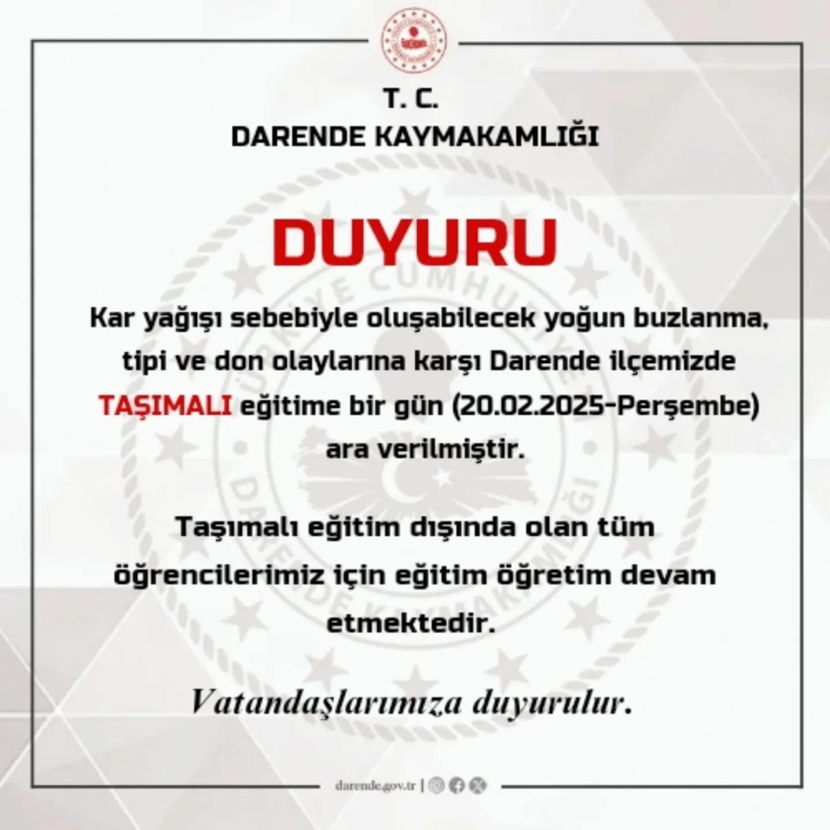 Taşımalı Eğitime 1 Gün Ara